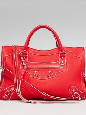BALENCIAGA Highlight City Moto Calfskin Leather Rouge White Piping Bag
